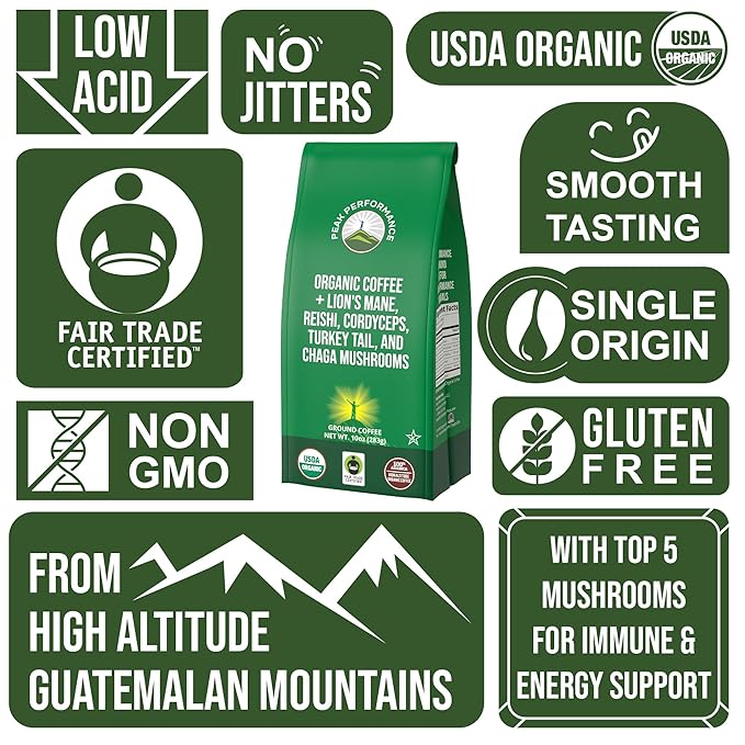 Organic Low Acid Mushroom Coffee with Lion's Mane, Reishi, Cordyceps, Turkey Tail, and Chaga Mushrooms - Great Tasting Premium High Altitude Medium Roast Ground Bags 10 oz by Peak Performance