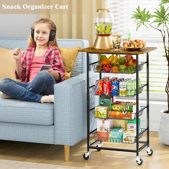 Kitchen Microwave Cart with Fruit Baskets, 5 Tier Microwave Table Stand with Fruit Vegetable Storage Small Rolling Cart on Wheels, Floor Organizers and Storage for Pantry Kitchen, Living Room