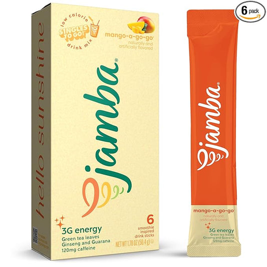 Jamba Singles To Go! mango-a-go-go smoothie-inspired powdered drink mix sticks, 6-Count, 3G Energy (green tea, ginseng, guarana), aspartame free, just add water