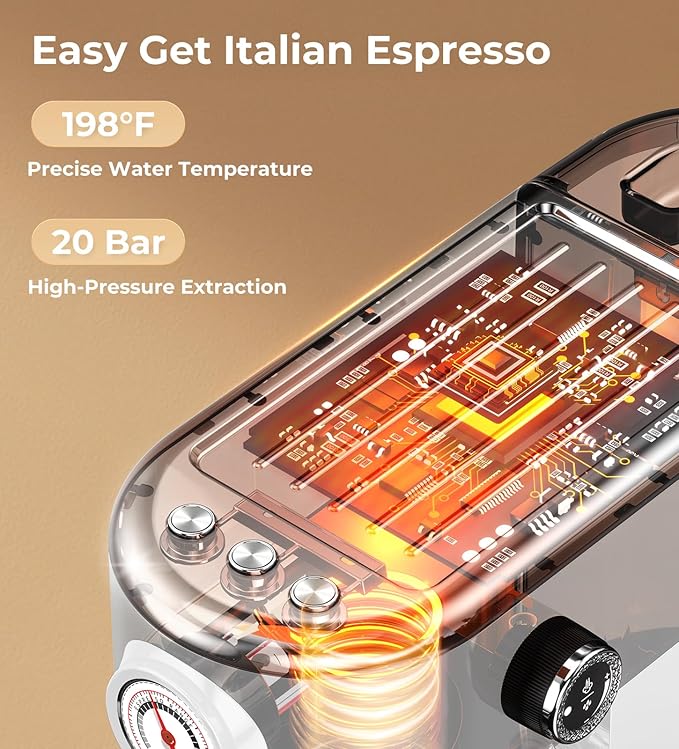 20 Bar Espresso Machine with Milk Frother, Professional Compact Espresso Maker, Stainless Steel Coffee Machine with Precise Temp Control & 44oz Removable Water Tank for Latte, Cappuccino, White
