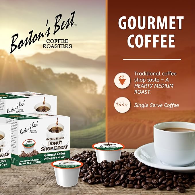 Boston’s Best - Hearty Donut Shop Decaf Medium Roast Coffee, Delicious Gourmet Compatible with Keurig Coffee Maker - 144 Count (Pack of 1)