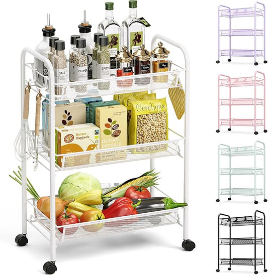 TOOLF 3-Tier Metal Rolling Cart, Mesh Wire Easy Assemble Utility Cart, Storage Trolley on Wheels with 3 Hooks, MetalStorage Shelving Units for Kitchen Bathroom Laundry Room