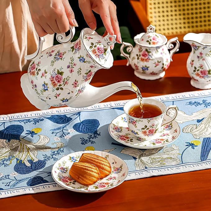 tea pot ceramic, Porcelain teapot with lid, 37oz for Tea, Milk, Coffee, Flower tea (White with small flowers)