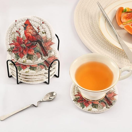 Christmas Coasters with Holder Red Cardinals Bird Poinsettia Coasters Set of 6 Cotton Woven Absorbent Cup Coaster Xmas Holiday Party Table Decor 4 Inches