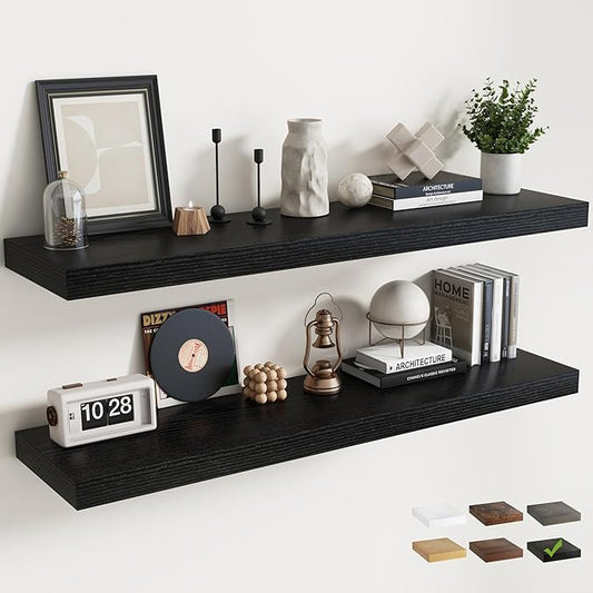 Floating Shelves for Wall with Invisible Brackets, Wall Mounted Engineered Wood Shelves with Wood Grain for Living Room, Bedroom, Bathroom, Kitchen Decor and Storage, Oak, 55"L Set of 2, Black