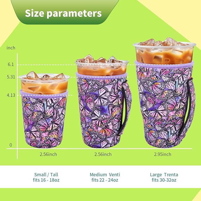 3 Pack Iced Coffee sleeve Insulated Neoprene Cup Sleeves with handle For Cold Drinks Beverages, Reusable Cup Holder for 16oz-32oz Coffee Cups (Butterfly Galaxy)