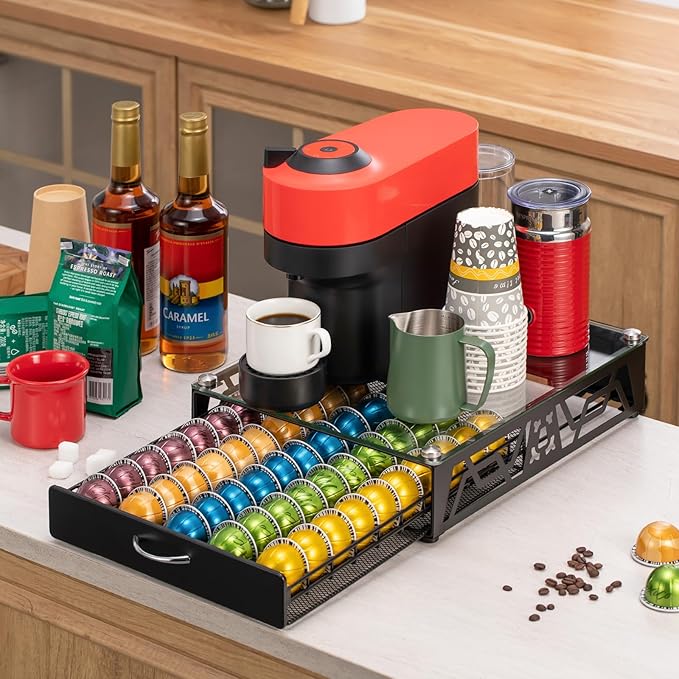 ZCDCP Pod Holder - Modern Sleek Black Metal Coffee Capsule Organizer for Nespresso Pod Storage Glass Top, Stylish Coffee Machine Stand for Coffee Bar, Office or Home Kitchen(50 Pods Capacity)