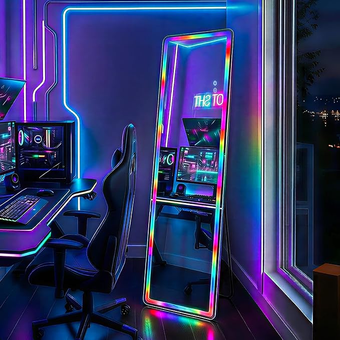 VooBang 64"x21" RGB LED Full Length Mirror, Floor Body Dressing Mirror with RGB Color Changing Lights, Standing Leaning Wall Mounted for Bedroom, Living Room