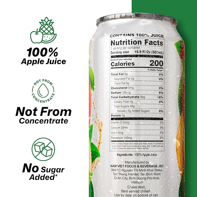 VINUT 100% Apple Juice, No Added Sugar, Not From Concentrate, 16.9 fl oz (500 mL) Can, Pack of 12