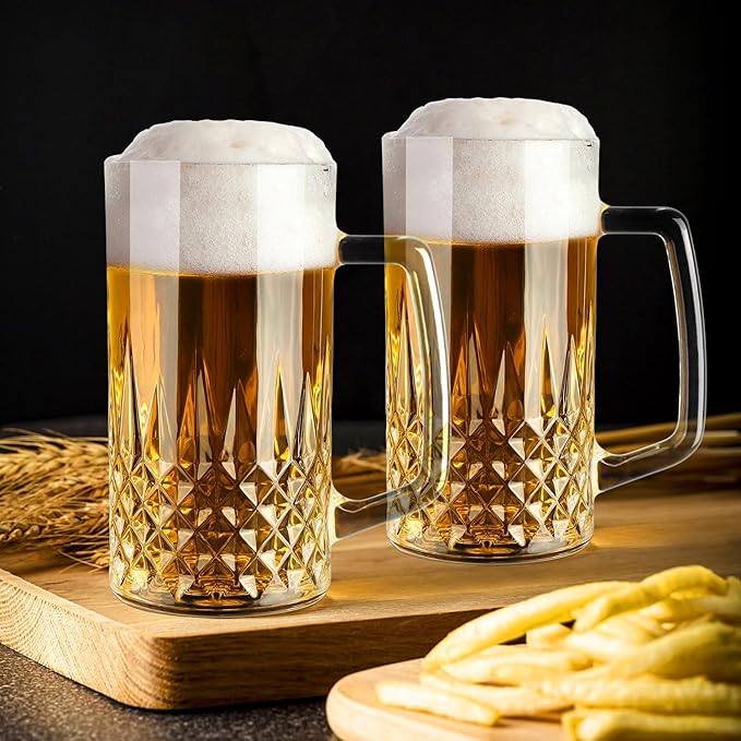 20oz Beer Mug, 4 Pack Glass Beer Mugs for Freezer, Clear Large Beer Steins with Handle, Gifts for Men