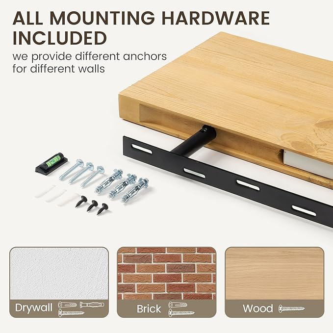 Marsmiles Floating Shelves | 24 Inch Natural Wood Wall Shelves Set of 2 | 9.3 Inch Deep Rustic Reclaimed Wood Shelves for Room Wall | Farmhouse Floating Shelves for Living Room Bathroom
