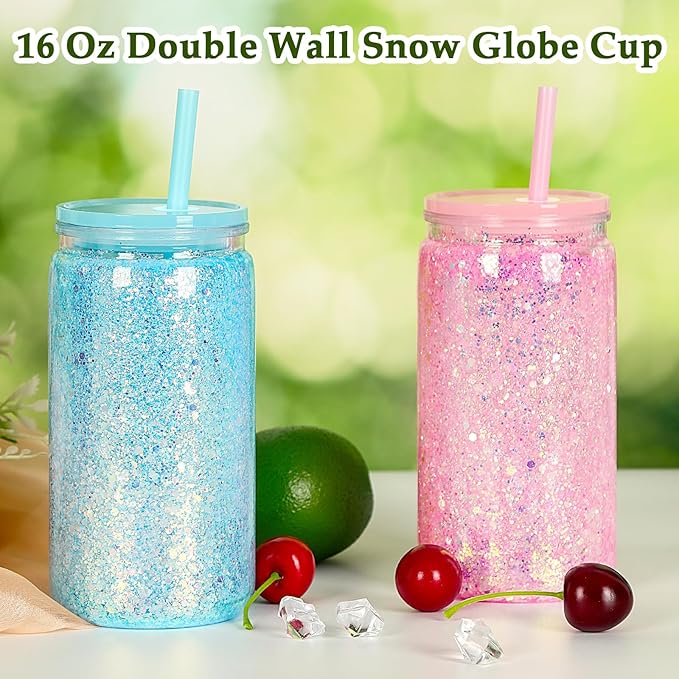16 Oz Plastic Snow Globe Tumbler with Lid and Straw,16 Pack Double Wall Pre Drilled Plastic Mason Jar Cups Can for Snow Globe Glitter DIY Gift(Mixed Colors)