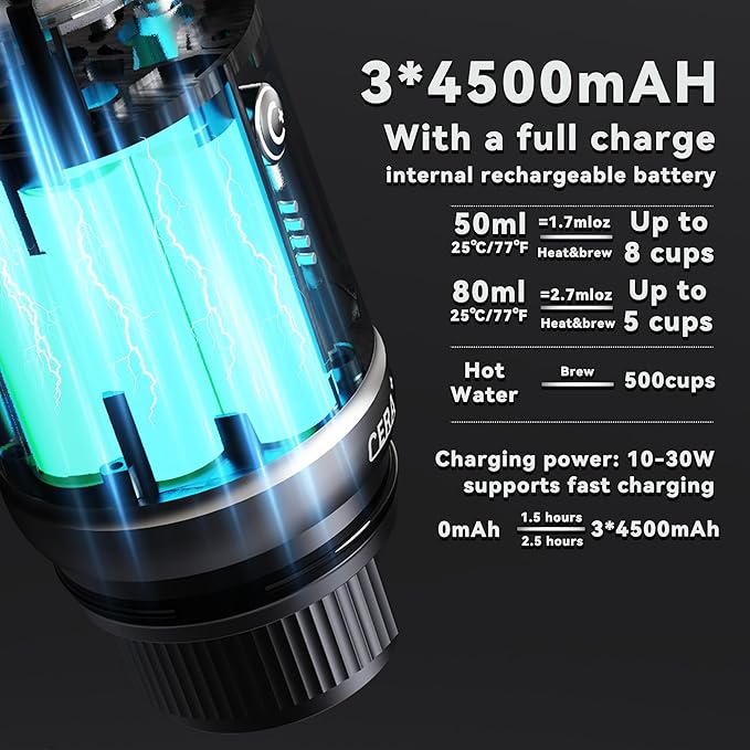 CERA+ Self-Heating Portable Espresso Machine,Up to 8 Cups per Charge & 20 Bar, 3 * 4500mAh, CERApresso Works with NS Capsules & Grounds, Electric Coffee Maker for Camping,Hiking,Office,Car,Travel