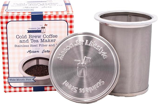 16oz Pint Cold Brew Coffee and Tea Maker Stainless Steel Filter for Mason Jars With Lid and 2 Silicone Seals (No Jar)