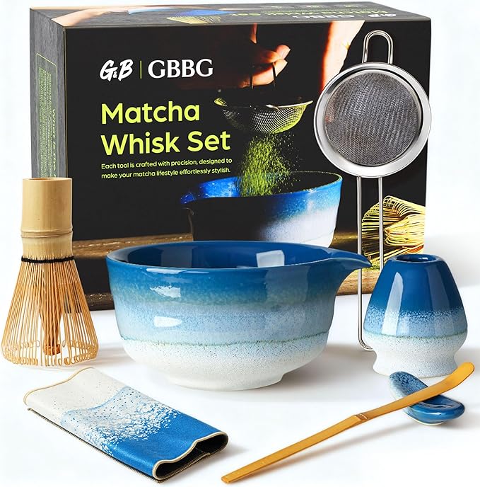 Matcha Whisk Set, Ceramic Matcha Kit Desert Style, Matcha Whisk and Bowl, Bamboo Scoop and Rest, Sifter and Tea Towel, 7 Pcs Gifts for Matcha Lover (Blue)