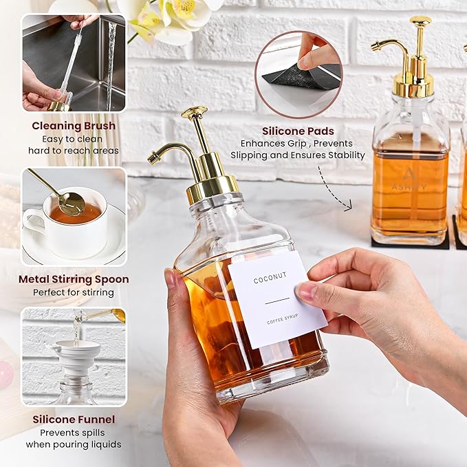 16.9oz/ 500ml Coffee Syrup Dispensers with 304 Stainless Steel Gold Pump - 4Pcs Glass Coffee Bar Syrup Bottles with 36 Labels, 2 Spoons, Funnel and Cleaning Brush Set for Bar Accessories