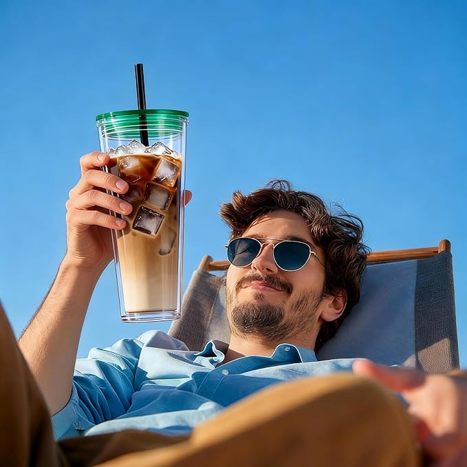 24oz Tumbler with Lid and Straw, Leak Proof and Double Wall Insulated Reusable Plastic Cups,Travel Reusable Iced Coffee Cup (1, Green)