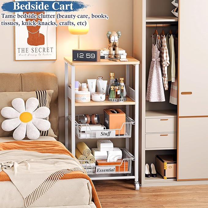 4 Tier Rolling Cart with Drawer Baskets, Metal Utility Storage Cart with Wheels and Wood Top for Living Room, Kitchen, Home Office, Bedroom, Pantry, Baby Essential, Craft, Snack, Makeup, White