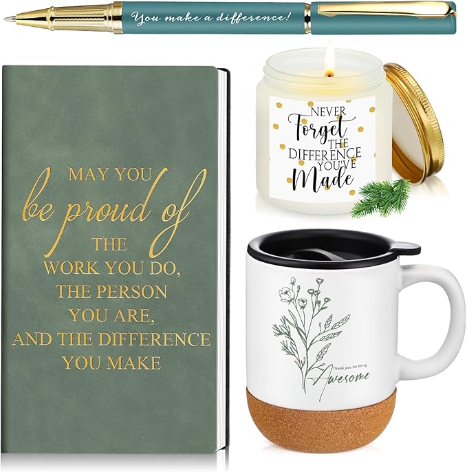 4 Pcs Thank You Gift Set for Men Women Employee Coworker Gifts Inspirational Appreciation Notebook Coffee Mug Scented Candle Pen for Valentine's Day Team Office Staff Teacher Volunteer Nurse