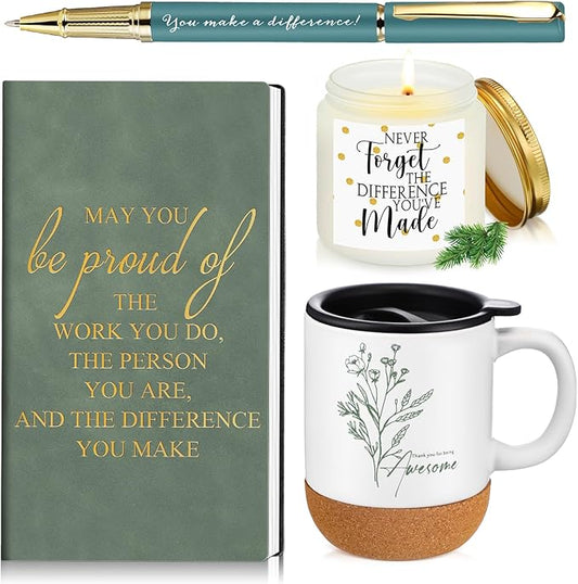 4 Pcs Thank You Gift Set for Men Women Employee Coworker Gifts Inspirational Appreciation Notebook Coffee Mug Scented Candle Pen for Valentine's Day Team Office Staff Teacher Volunteer Nurse