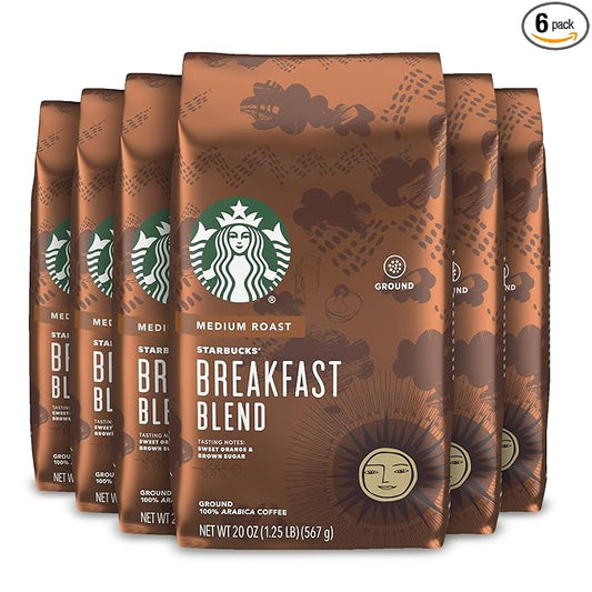 Starbucks Medium Roast Ground Coffee — Breakfast Blend — 100% Arabica — 6 bags (20 oz. each)