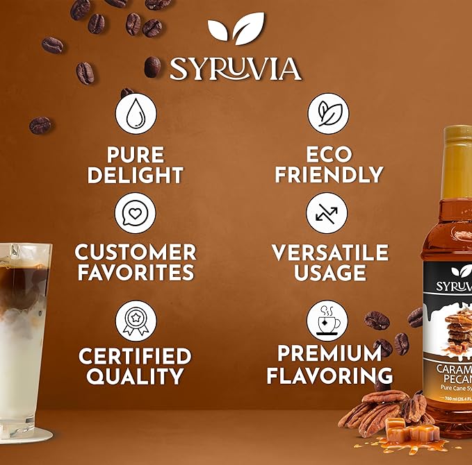 Syruvia Coffee Syrup, Caramel Pecan Flavored Syrup for Drinks, Lattes, and Desserts – 25.4 fl oz