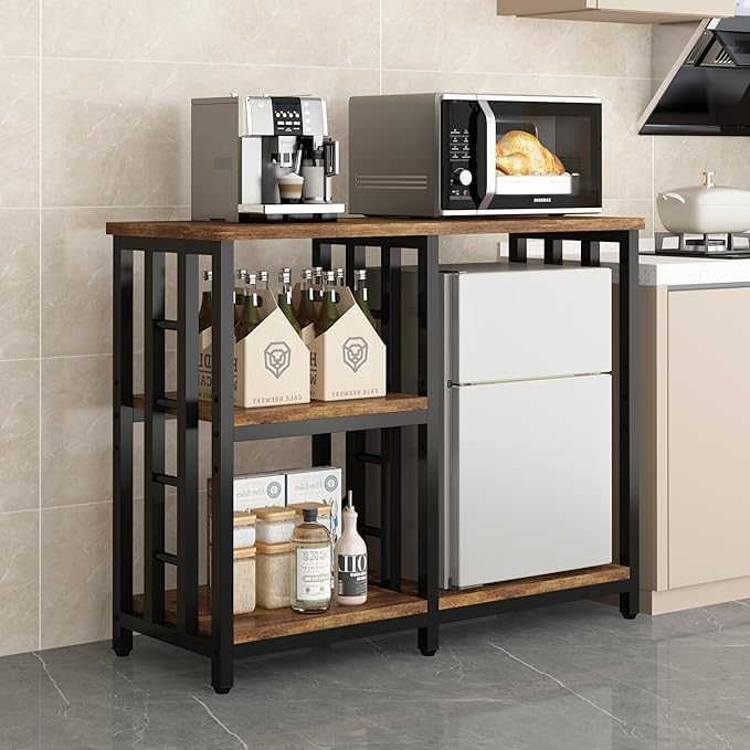 4-Tier Bakers Rack for Kitchens with Storage, Mini Fridge Stand, Microwave Oven Stand Table, Bar Cabinet, Aquarium Stands, Adjustable Shelves Freestadning for Kitchen, Living Room, Office, Patio.