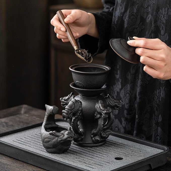 Ceramic Teapot with Infuser Loose Leaf Tea Teapot with 8 cups, Kungfu Tea Sets (Black Dragons)