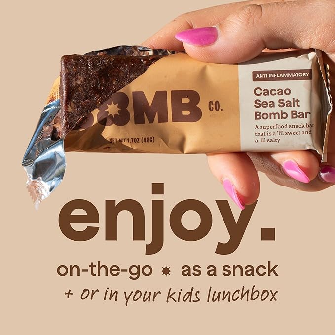 The Bomb Co. Blender Bomb Bar, Cacao Sea Salt, Superfood Snack Bar, Antioxidant Supplement, Almond Butter, Hemp Seeds, Chia Seeds, Flax Seeds, Vegan Chocolate Chips, Cacao Powder, Sea Salt, 9 Bars
