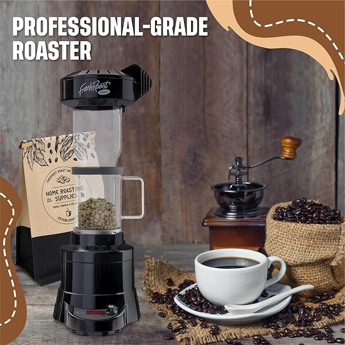 Fresh Roast Coffee Roaster Bundle SR800, Glass Extension Tube, Pour Over Digital Scale, (4lbs) Sample Pack of Green Beans, (2-Pack) Sample Trays, Chaff Brush