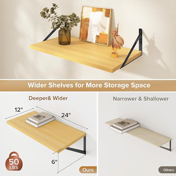 Deep Floating Shelves Wall Mounted, 24"x12" Oak Wall Shelves with Brackets Set of 2 for Bedroom, Living Room, Bathroom, Kitchen, Office - Storage & Display Shelf for Decor, Books, Plants
