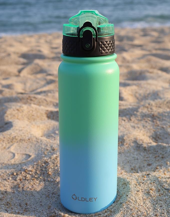 Oldley Insulated Water Bottle 20oz Water Bottles with Straw, Stainless Steel Water Bottle with 3 Lids, Double Wall Vacuum Bottles for Adult Kids, Sports Bottles for School Travel, Leaf Green-Blue