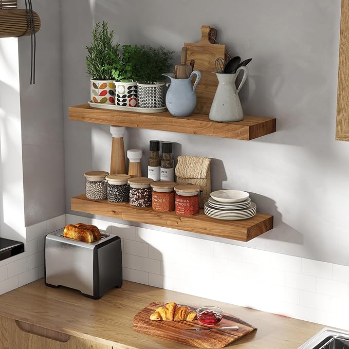 30 Inch Floating Shelves Set of 2, Rustic Solid Elm Wood Floating Shelf for Farmhouse, Living Room, Bedroom, Wall Mounted Bathroom Shelves Heavy-Duty Wall Shelf with Invisible Bracket, Natural