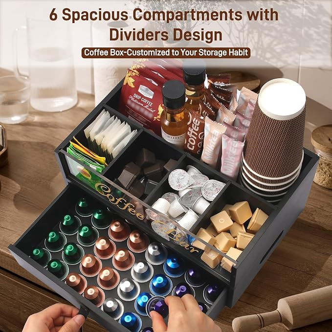 2-Tier Coffee Bar Organizer with Clear Acrylic Top, Built-in Drawer and Leather Handle Pull for Countertop, Stylish Coffee Station Storage Box for Accessories, Pods, Great Gifts for Home