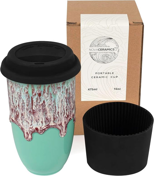 NOVA CERAMICS Travel Mug On the Go Coffee Tumbler Microwave & Dishwasher Safe Green Tumbler - Gifts For Women Men Him Her 16oz Nebula