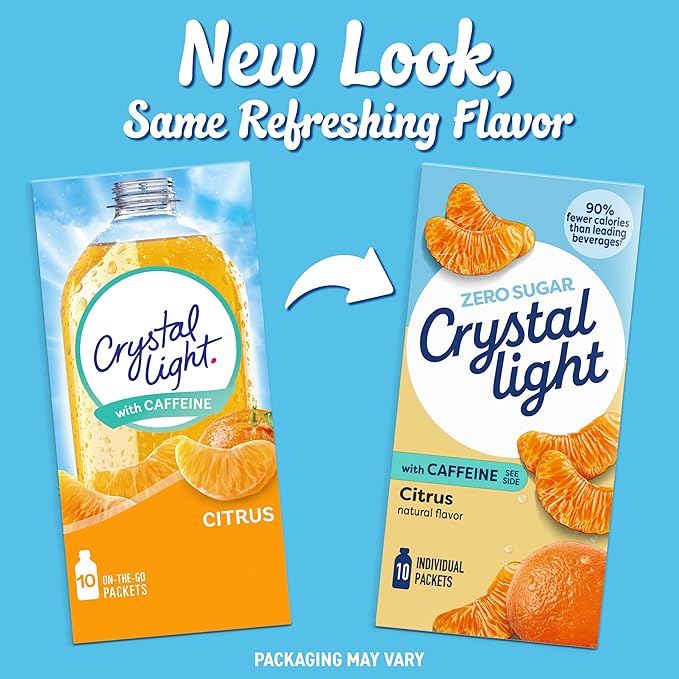 Crystal Light Drink Mix with Caffeine, 10 Packets, for Convenient On-the-Go Flavorful Hydration, Citrus Natural Flavor, Zero Sugar, 0.9 oz