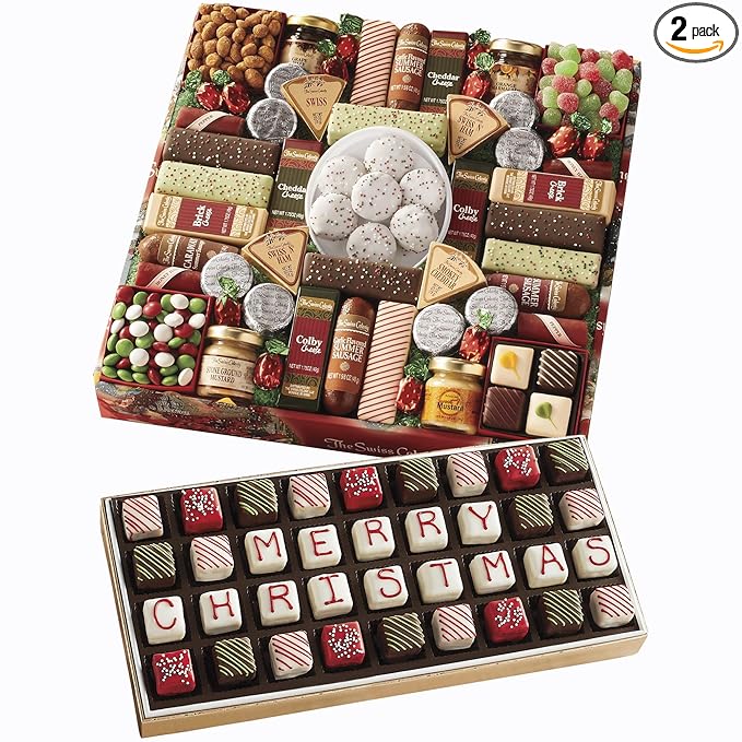 The Swiss Colony 43 Season Pleasers - Assorted Summer Sausage Meats, Cheese Bricks & Wedges, Spreadables, Candies & Chocolate Treats with Merry Christmas Petits Fours Gourmet Mini Layer Cakes