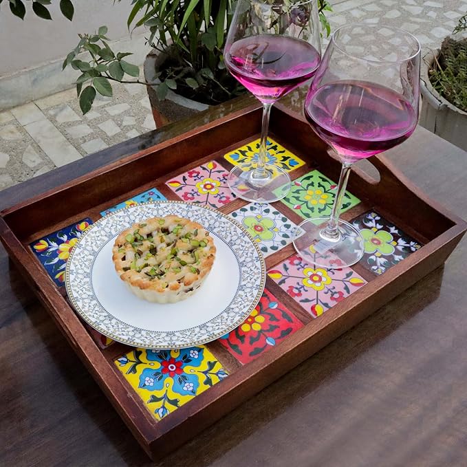 Craft Trade Mango Wood Serving Tray with Handle and 12 Fitted Floral Ceramic Tiles Wooden Platters Perfect for Breakfast Tea Coffee Snacks Dinner 38x30x8 cm Rectangle