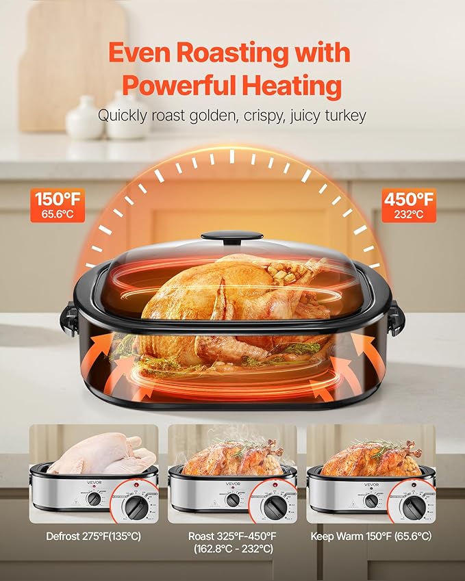 VEVOR Roaster Oven, 14QT Fast-Cooking Turkey Roaster, 150-450℉ Adjustable Temperature Electric Roasting Pan with Self-Basting Lid, Roasting Lift-Out Rack, Defrost & Warm Function, Fits 18lb Turkey