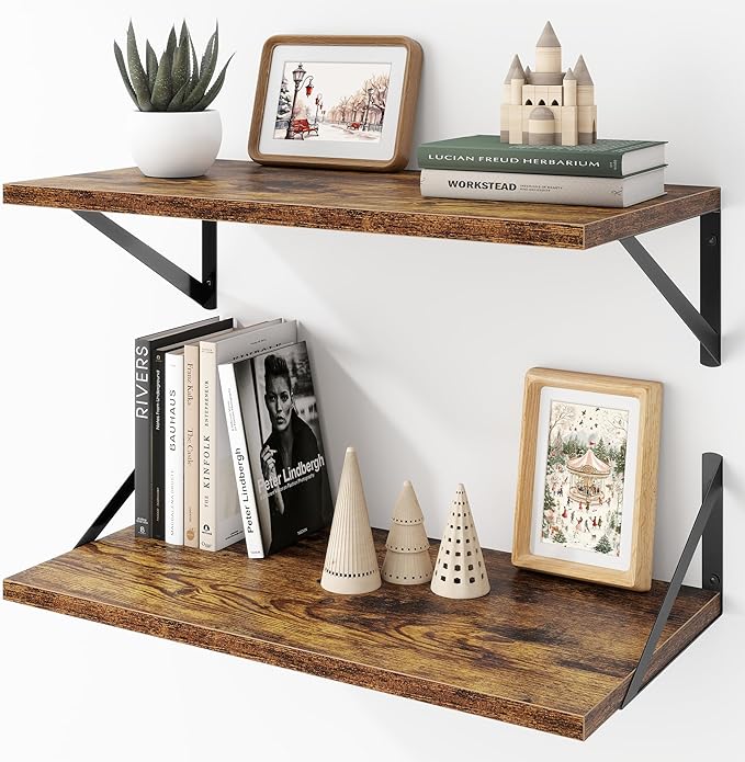 Deep Floating Shelves Wall Mounted, 24"x12" Brown Wood Shelves with Brackets Set of 2 for Bedroom, Living Room, Bathroom, Kitchen, Office - Storage & Display Shelf for Decor, Books, Plants