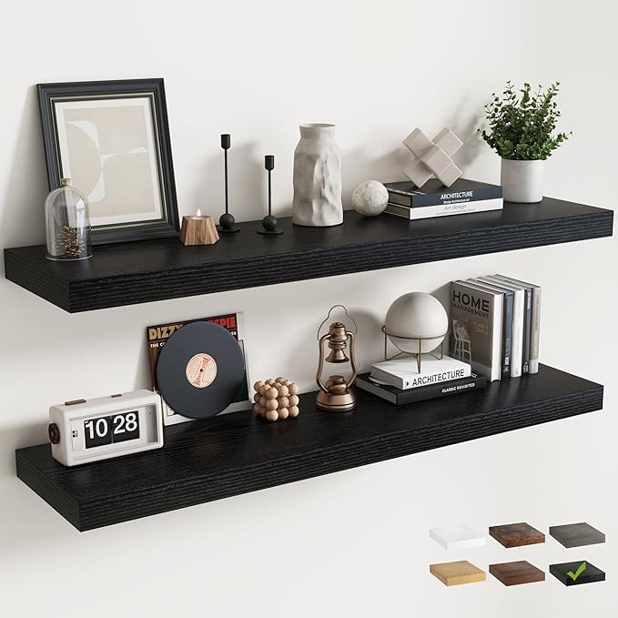 Floating Shelves for Wall with Invisible Brackets, Wall Mounted Engineered Wood Shelves with Wood Grain for Living Room, Bedroom, Bathroom, Kitchen Decor and Storage, Oak, 40"L Set of 2, Black