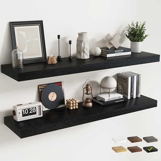 Floating Shelves for Wall with Invisible Brackets, Wall Mounted Engineered Wood Shelves with Wood Grain for Living Room, Bedroom, Bathroom, Kitchen Decor and Storage, Oak, 40"L Set of 2, Black