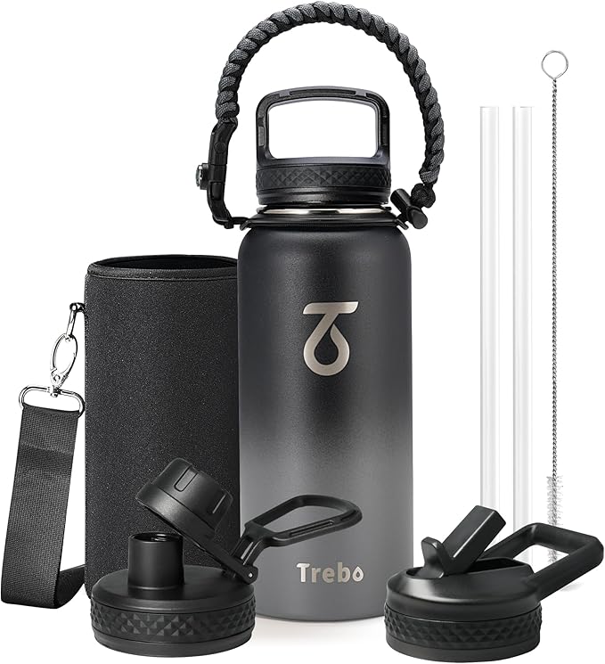 Trebo 32 oz Water Bottle Insulated with Paracord Handle and 3 Lids, Leakproof Stainless Steel Vacuum Water Jug Keep Cold 48 Hours, BPA-Free Gym Water Flask for Men Women Sports, Travel, Dark Gray