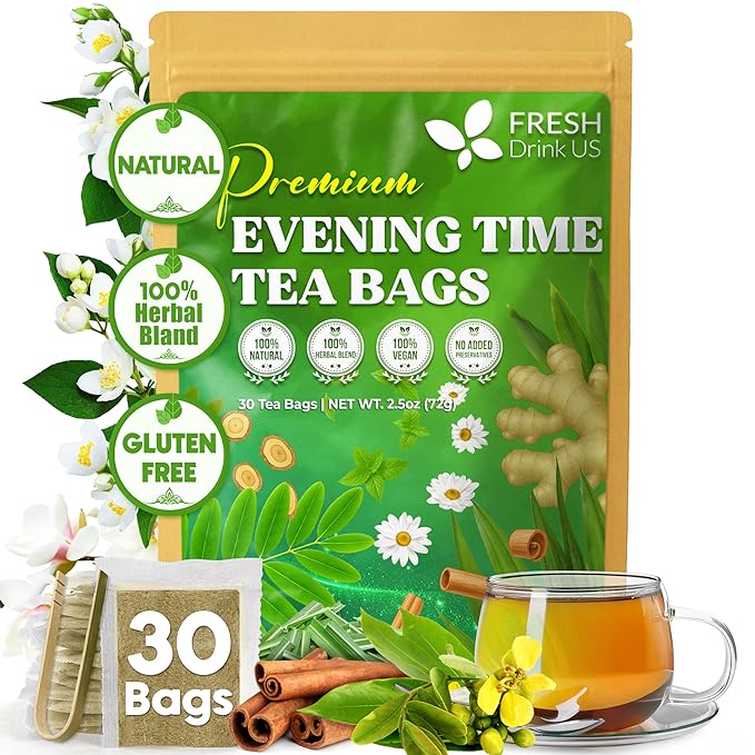 FreshDrinkUS, Evening Time Herbal Tea – 30 Tea Bags – Caffeine-Free Blend with Senna, Peppermint, Chamomile, Licorice, Ginger, Reishi Mushroom – Relaxing Herbal Infusion – Non-GMO & Natural