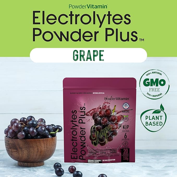 PowderVitamin Electrolytes Powder Plus (20 Servings) Grape Electrolyte Powder Zero Calorie Keto,0 Sugar, No Maltodextrin,1000mg Potassium,120mg Calcium,120mg Magnesium, Pink Himalayan Salt