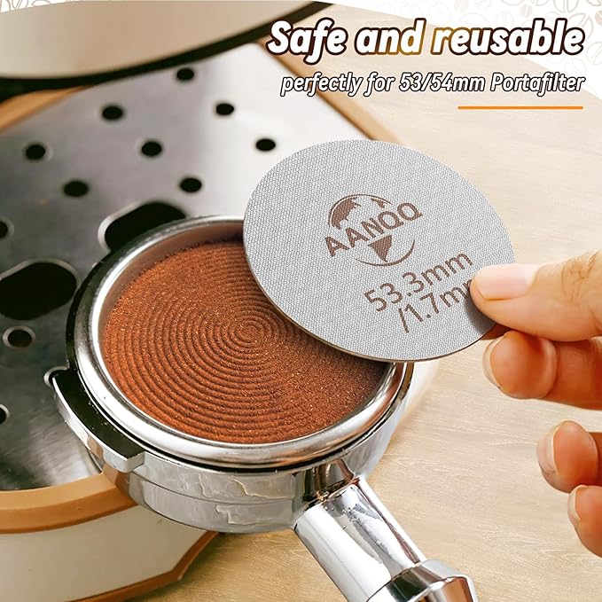 AANQQ 2 Packs 53.3mm Puck Screen with Stand: Espresso Puck Screen for 54mm Portafilter Basket - 316L Metal Contact Shower Screen 1.7mm Thickness 150μm for Espresso Machine Espresso Filter Screen