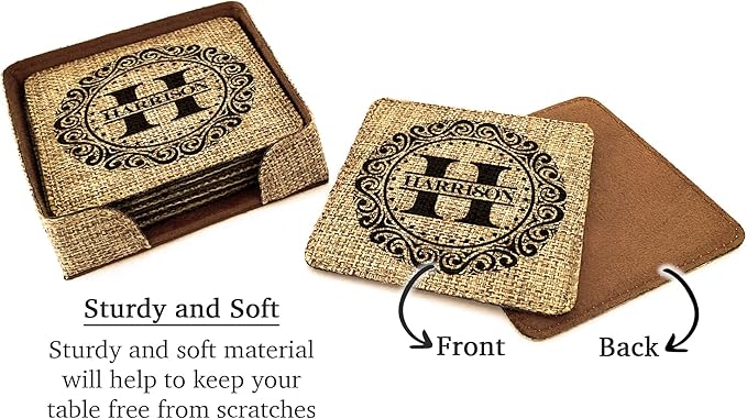 Smile Art Design Family Monogram Custom Coaster Set of 6 with Base Square Burlap Material Family Name Personalized Prints Personalized Gift House Warming Wedding Gift Coffee Table Rustic Decor Style5