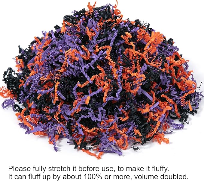 Mefleet 2 LB Halloween Crinkle Cut Paper Shred Filler Orange & Purple & Black Crinkle Shredded Paper for Boo Basket - Gift Box Bag Filler - Grass Cushion Stuffing for Halloween Wrapping