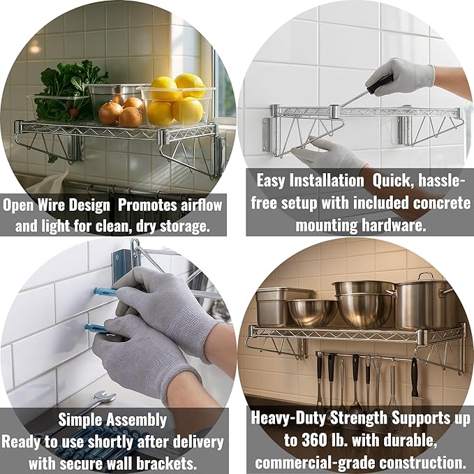 14" x 48" Chrome Wall-Mounted Wire Shelf with Epoxy Coating, Heavy-Duty Steel Storage Rack, NSF Certified, Easy Installation, Open Wire Design for Kitchen, Garage, or Utility Storage