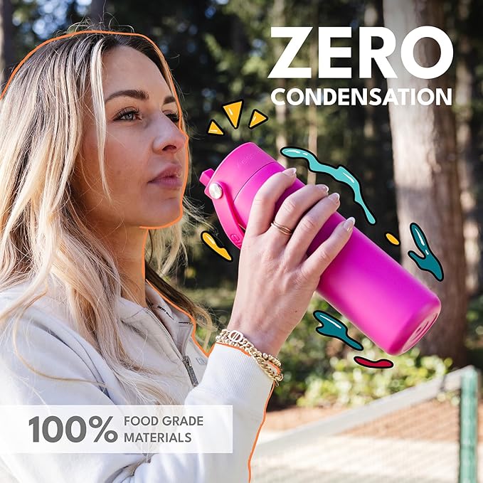 Elemental 24oz Insulated Water Bottle with Straw - 100% Leak-Proof Stainless Steel Core Water Bottles for Travel, Sports and Gym - Double Wall Insulation & BPA Free - Hot Pink